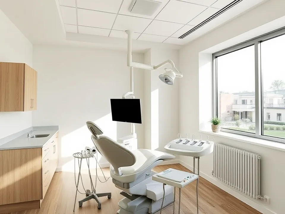 El gabinete de la clínica con el sillón dental y la luz de la mañana.
